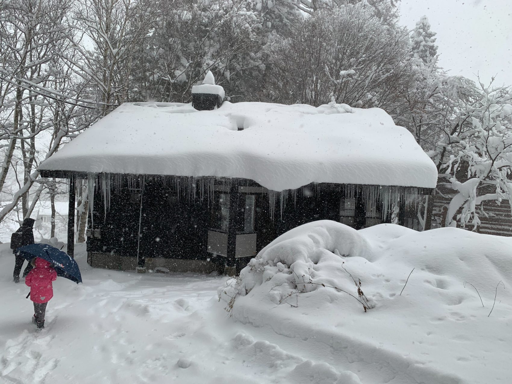 A dark timber chalet under heavy snowfall, icicles hanging the length of the eaves, two figures walking past with an umbrella